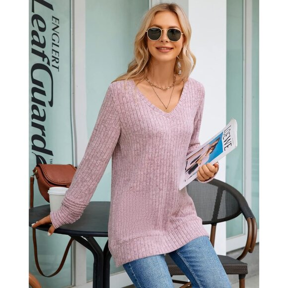 Misfay Women  Light Pink Casual Long Sleeve V Neck Shirts Solid Color Sweaters - Picture 4 of 5